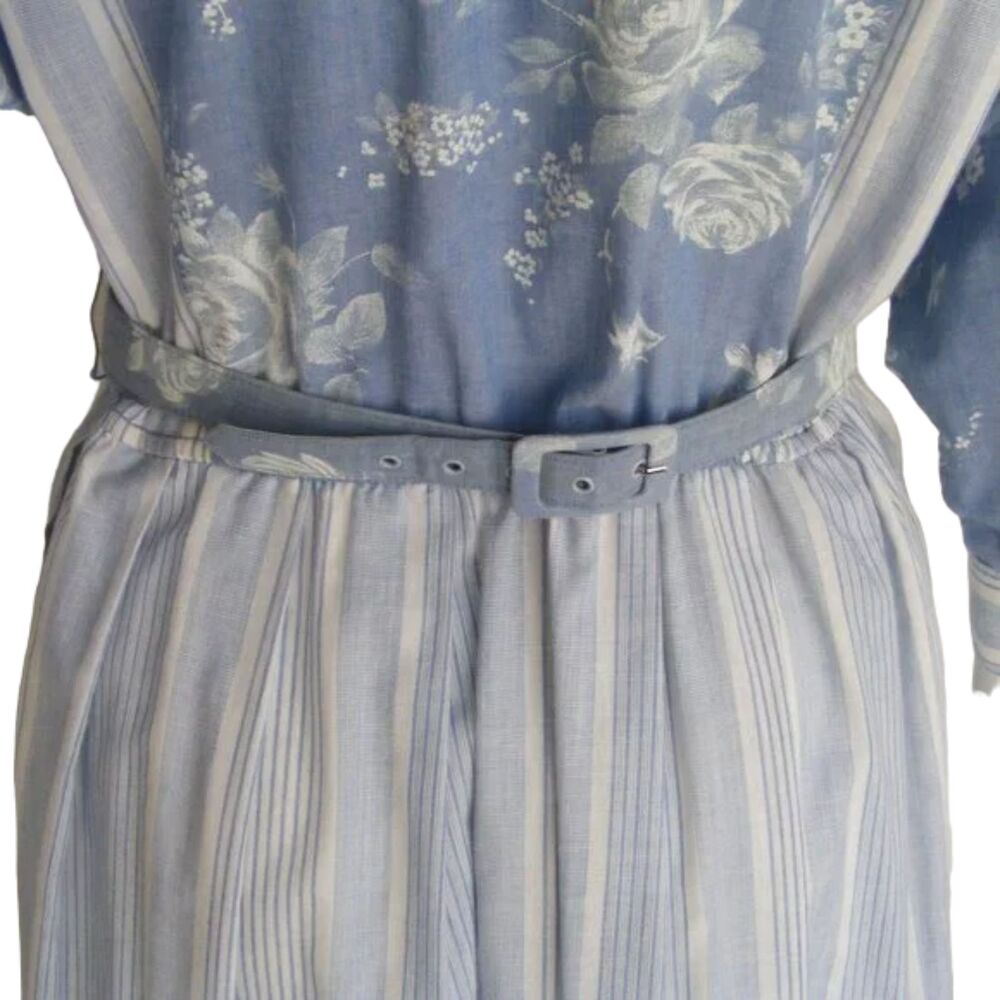 CALIFORNIA GIRL Dress, 12, Blue/White, Floral & Striped, Flat Ruffle, Belt - Picture 8 of 15